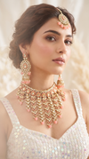 Peach and Gold Three Piece Cascading Kundan Enamel Necklace Set