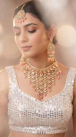 Peach and Gold Three Piece Cascading Kundan Enamel Necklace Set - view 2