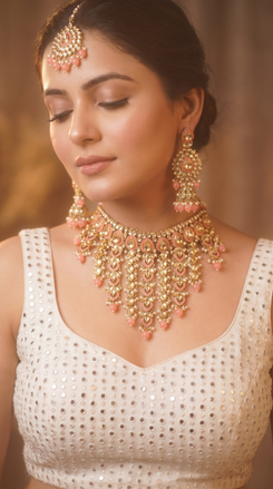 Peach and Gold Three Piece Cascading Kundan Enamel Necklace Set - view 3