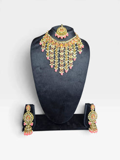 Peach and Gold Three Piece Cascading Kundan Enamel Necklace Set - view 4