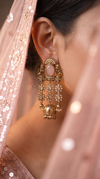 Peach and Gold Pearl Jhumka Earrings side view, Cunei India