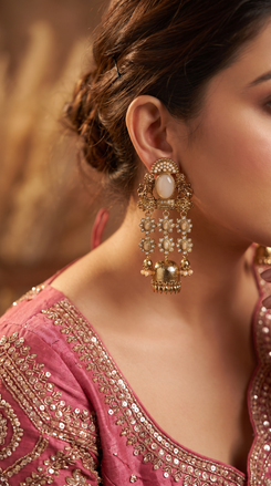Peach and Gold Pearl Jhumka Earrings detail, Cunei India