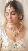 Pink and White Three Piece Floral Kundan Enamel Necklace Set - view 2