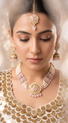 Pink and White Three Piece Floral Kundan Enamel Necklace Set - view 3