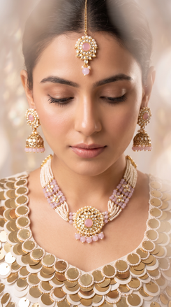 Pink and White Three Piece Floral Kundan Enamel Necklace Set - view 3