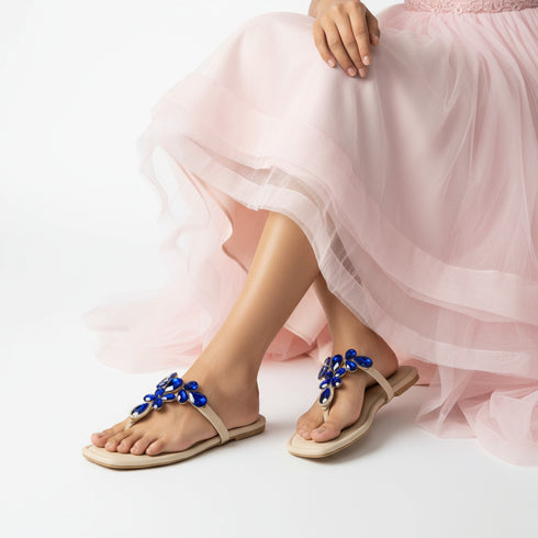 Dark Blue Stone T-Strap Flats