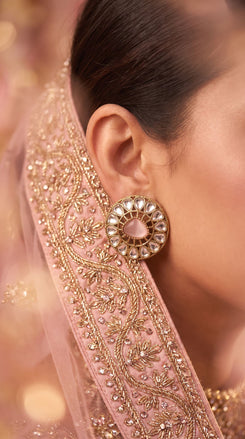 Pink and Clear Polki Round Finger Ring side view, Cunei India