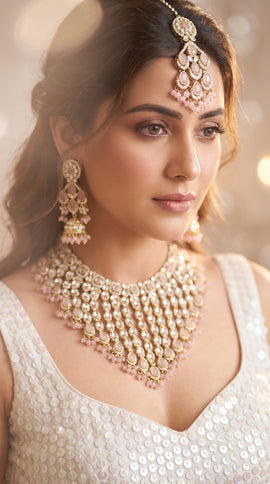 Pink and Clear Multi Strand Kundan Drops Necklace Set, Cunei India