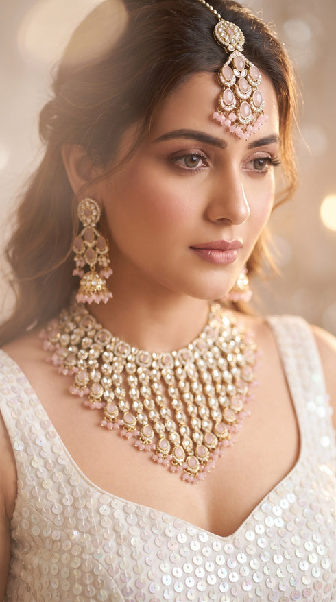 Pink and Clear Multi Strand Kundan Drops Necklace Set, Cunei India