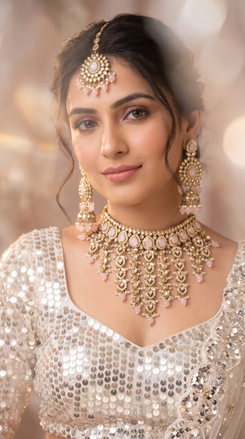 Pink and Gold Three Piece Multi Tiered Kundan Drops Necklace Set