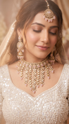 Pink and Gold Three Piece Multi Tiered Kundan Drops Necklace Set - view 2
