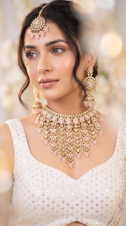 Pink and Gold Three Piece Multi Tiered Kundan Drops Necklace Set - view 3