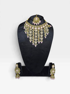 Pink and Gold Three Piece Multi Tiered Kundan Drops Necklace Set - view 4