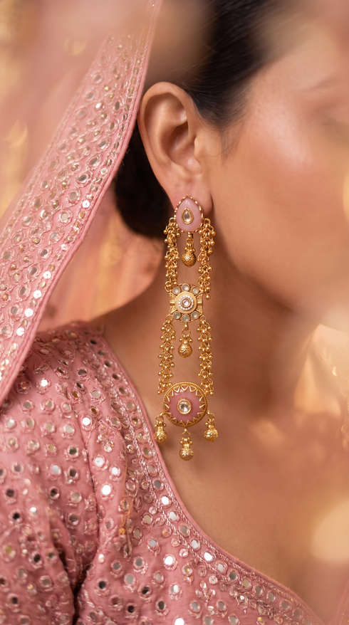 Pink and Green Enamel Cascading Hanging Earrings side view, Cunei India