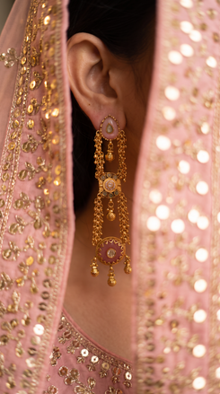 Pink and Green Enamel Cascading Hanging Earrings product photo, Cunei India