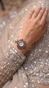 Pink and Green Crystal Ethnic Wrist Watch side view, Cunei India