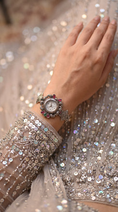 Pink and Green Crystal Ethnic Wrist Watch side view, Cunei India