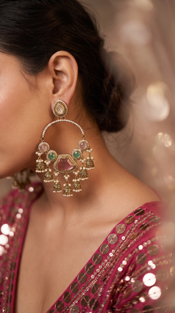 Pink and Green Pearl Hoop Hanging Earrings product photo, Cunei India