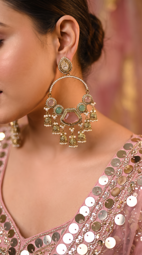 Pink and Green Pearl Hoop Hanging Earrings detail, Cunei India