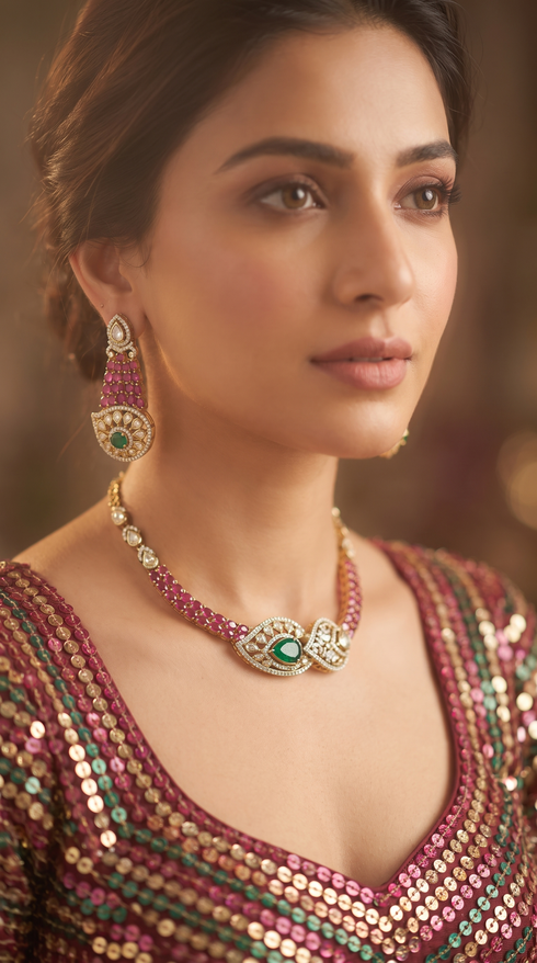 Pink Green And White Emerald Center Oval Pendant Cz Ethnic Necklace Set for Women, Cunei India