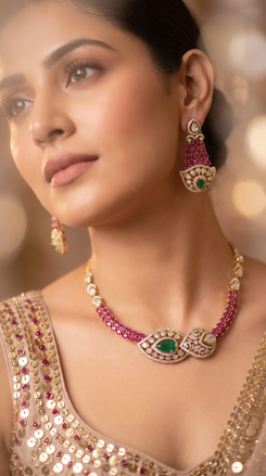 Pink Green And White Emerald Center Oval Pendant Cz Ethnic Necklace Set product photo, Cunei India
