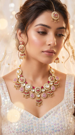 Pink and Red Kundan Drop Heritage Clusters Necklace Set side view, Cunei India
