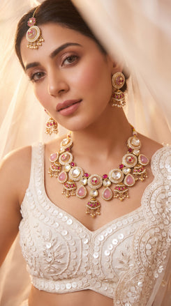 Pink and Red Kundan Drop Heritage Clusters Necklace Set detail, Cunei India