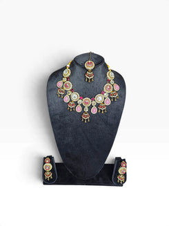 Pink and Red Kundan Drop Heritage Clusters Necklace Set product photo, Cunei India