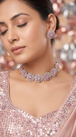 Pink and Silver Floral Cluster Cz Necklace Set side view, Cunei India