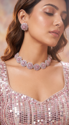 Pink and Silver Floral Cluster Cz Necklace Set product photo, Cunei India