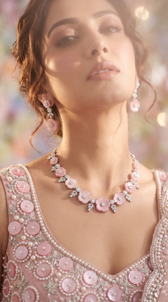 Pink and White Enamel Flower Clusters Cz Floral Necklace Set side view, Cunei India