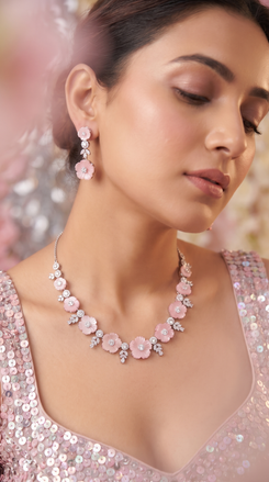 Pink and White Enamel Flower Clusters Cz Floral Necklace Set product photo, Cunei India
