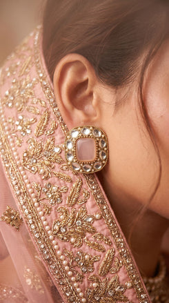 Pink and White Kundan Square Stud Earrings detail, Cunei India
