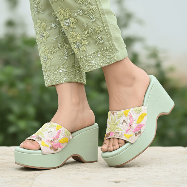 Pistachio Green Hand Embroidered Wedges - cunei