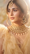 Princess Stone Gold and Pearl Drop Choker Necklace Earrings Maang Tikka Set