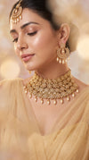 Princess Stone Gold and Pearl Drop Choker Necklace Earrings Maang Tikka Set - view 2