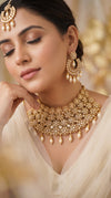 Princess Stone Gold and Pearl Drop Choker Necklace Earrings Maang Tikka Set - view 4