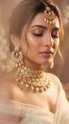 Princess Stone Gold and Pearl Drop Choker Necklace Earrings Maang Tikka Set - view 5