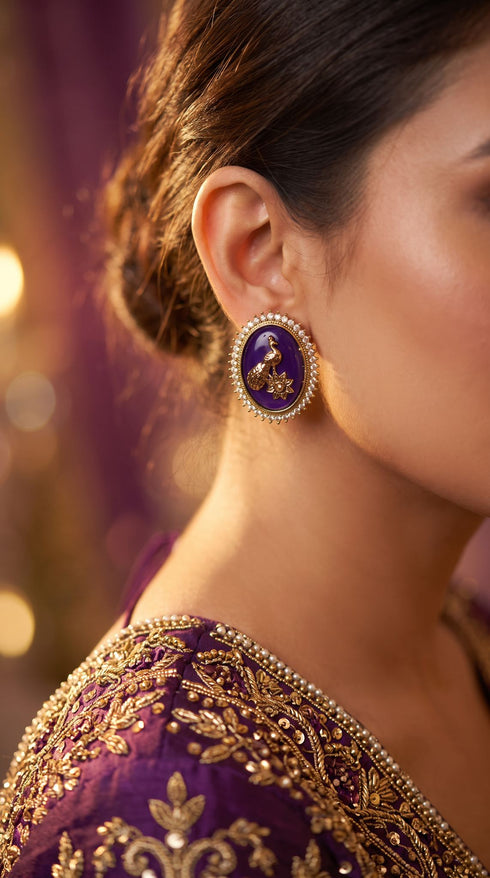 Purple and Gold Cz Oval Stud Earrings detail, Cunei India