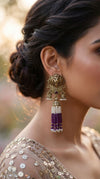 Purple Royal Lion Jhumka Dangling Earrings side view, Cunei India