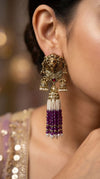 Purple Royal Lion Jhumka Dangling Earrings close-up, Cunei India
