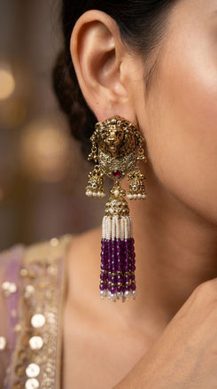 Purple Royal Lion Jhumka Dangling Earrings close-up, Cunei India