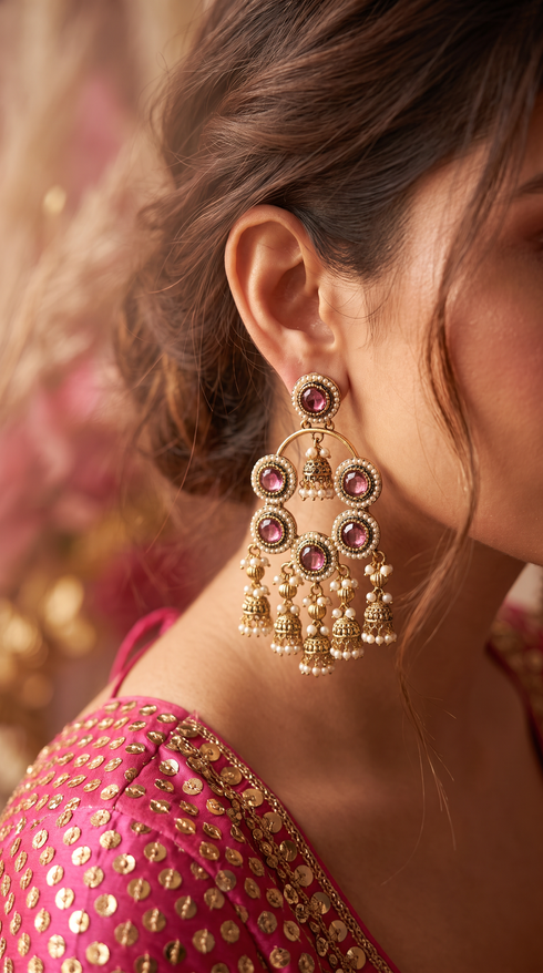 Purple and White Cz Cascading Hanging Earrings detail, Cunei India