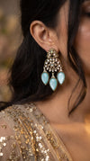 Rama Light Blue Three Tear Drop Dangle Earrings with Cubic Zirconia side view, Cunei India