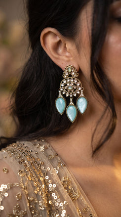 Rama Light Blue Three Tear Drop Dangle Earrings with Cubic Zirconia side view, Cunei India