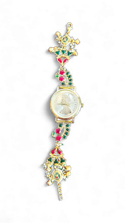 Imperial Red and Green Coin Dial Pearl Enamel Watch, side view, Cunei India