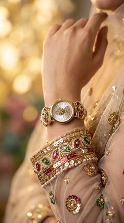 Imperial Red and Green Peacock Motif Pearl Enamel Watch, product photo, Cunei India