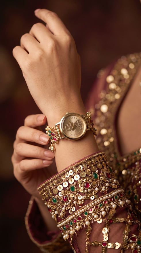 Imperial Red and Green Peacock Motif Pearl Enamel Open-Work Watch, for women, Cunei India