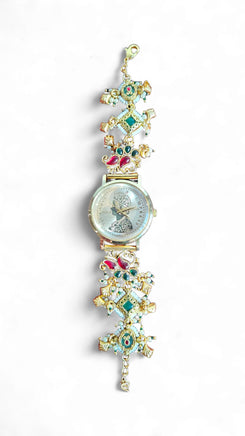 Imperial Red and Green Peacock Motif Pearl Enamel Open-Work Watch, side view, Cunei India
