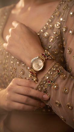 Imperial Red and Green Peacock Motif Pearl Enamel Open-Work Watch, product photo, Cunei India